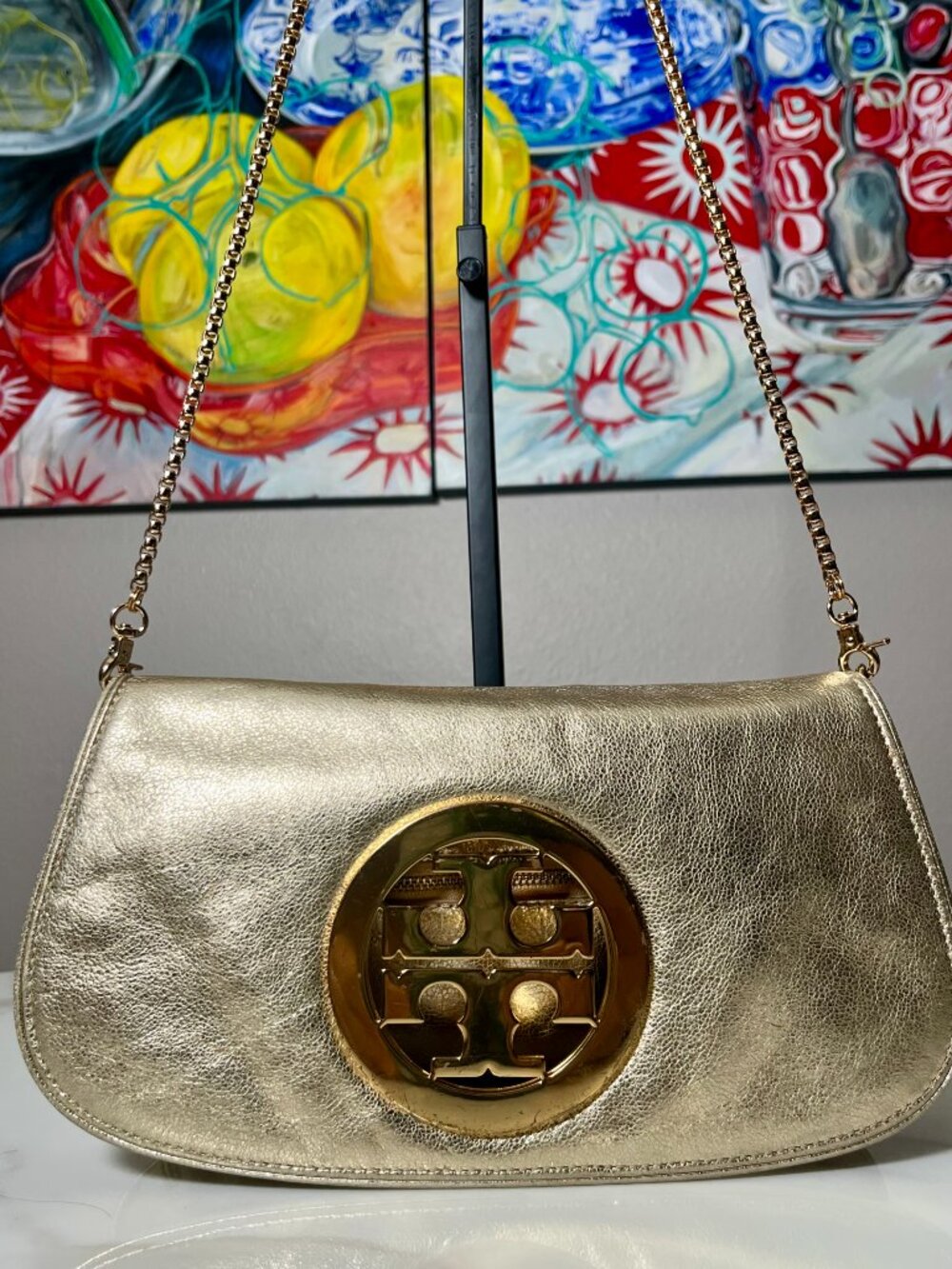 Tory Burch Reva Metallic Gold Leather Convertible Clutch Crossbody Bag